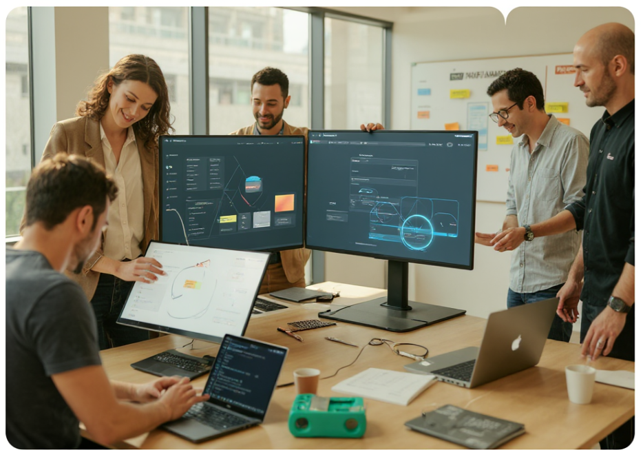 A team working collaboratively on a project, with tools and resources in use.