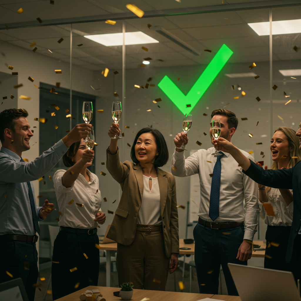 A celebratory image, like a team raising a glass or a completed project with a checkmark.