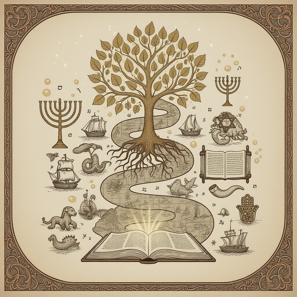 A visually appealing graphic representing a journey, perhaps with old maps, family trees, and historical Jewish symbols, setting a tone of discovery and heritage.