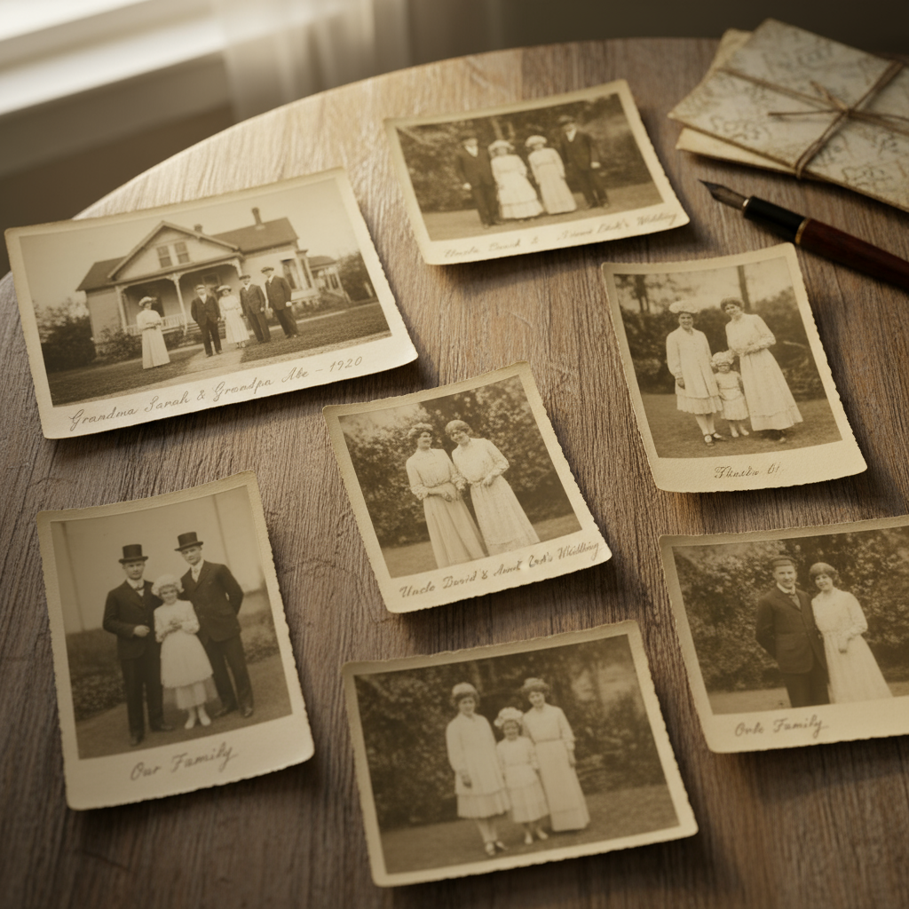 A collection of old, faded family photographs, some with handwritten notes on the back.