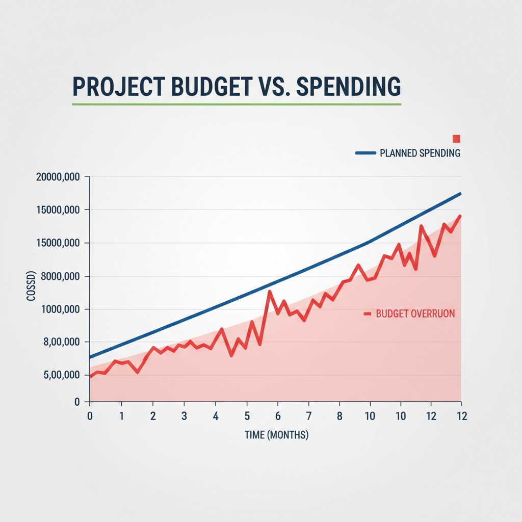 A graph illustrating a project's planned budget versus actual spending, showing the overrun.