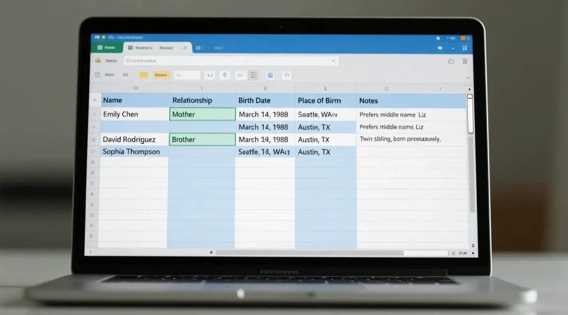 A screenshot of a simple spreadsheet with columns for Name, Relationship, Birth Date, Place of Birth, Notes.