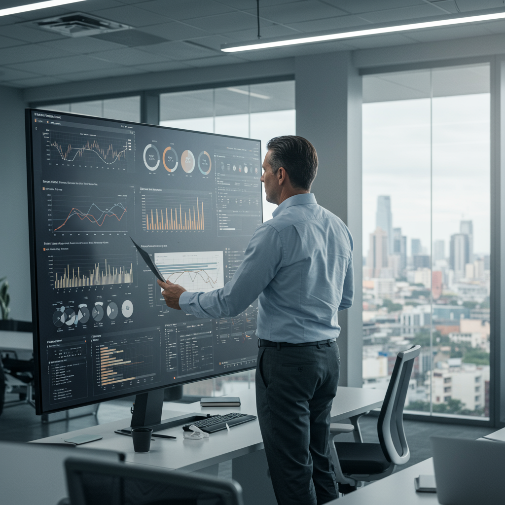 A project manager reviewing project metrics on a dashboard.