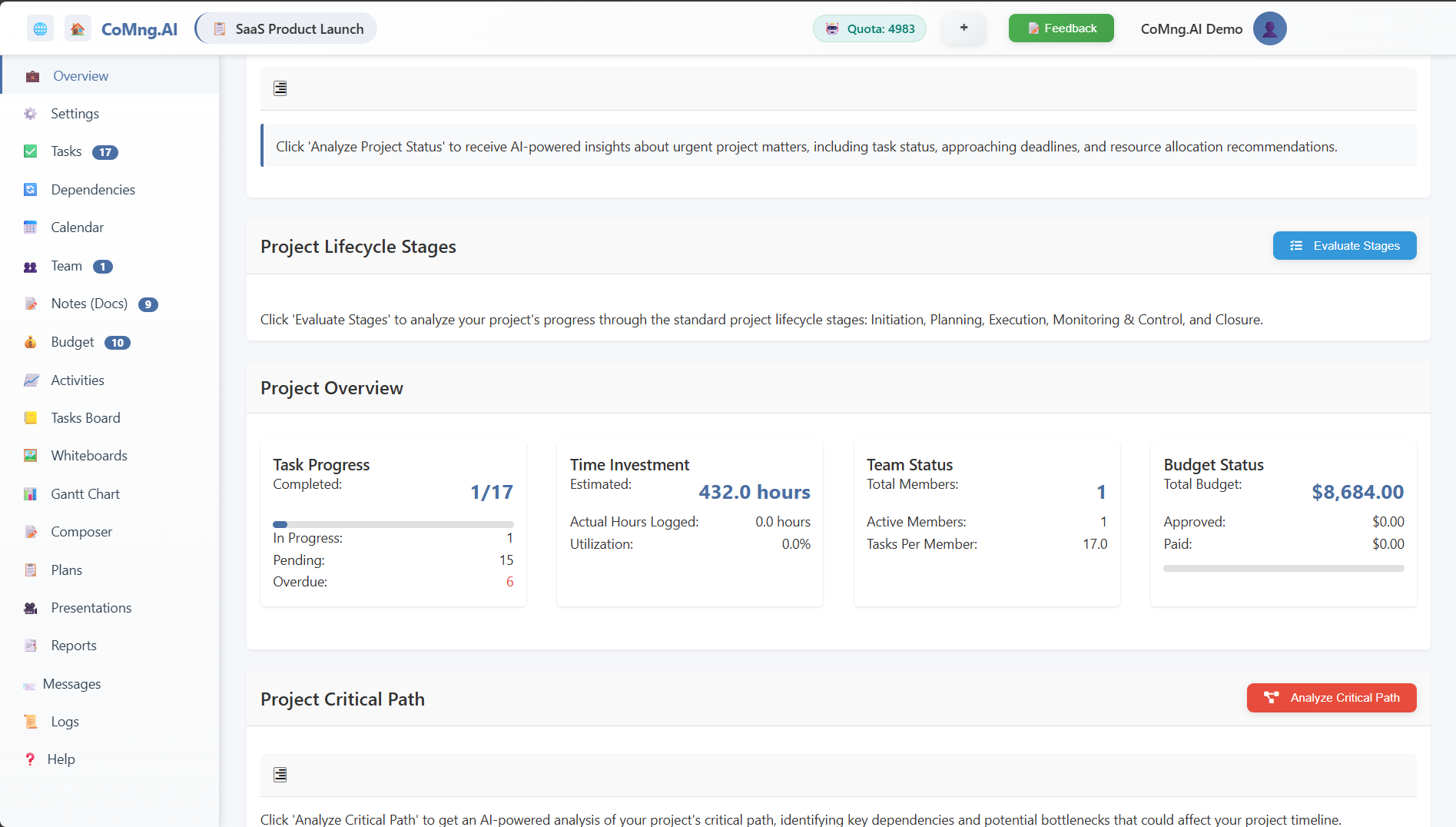 A screenshot or mockup of CoMng.ai's interface, highlighting key features like task management, progress tracking, and reporting.