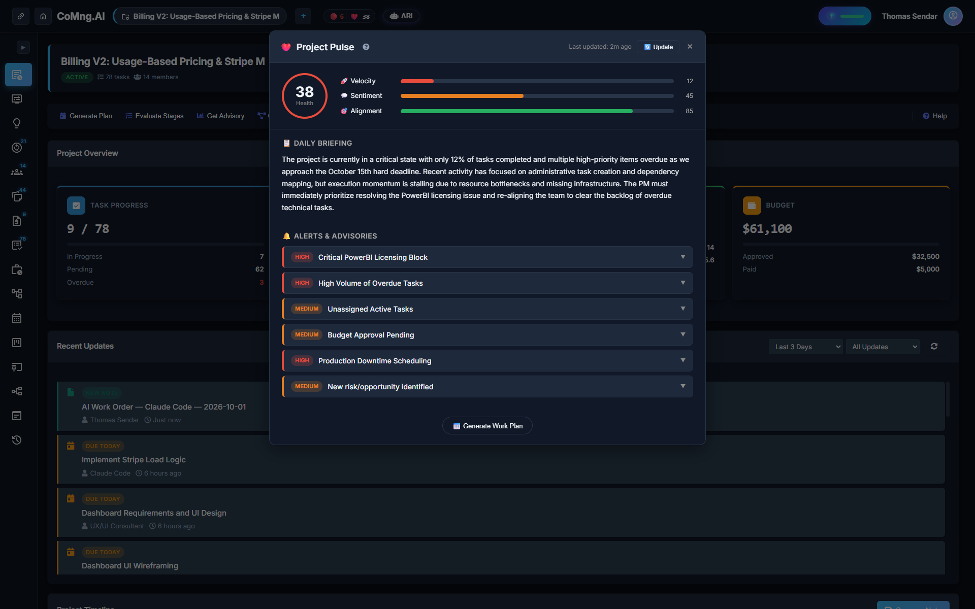 CoMng.AI 5-Dimension Pulse score showing real-time project telemetry