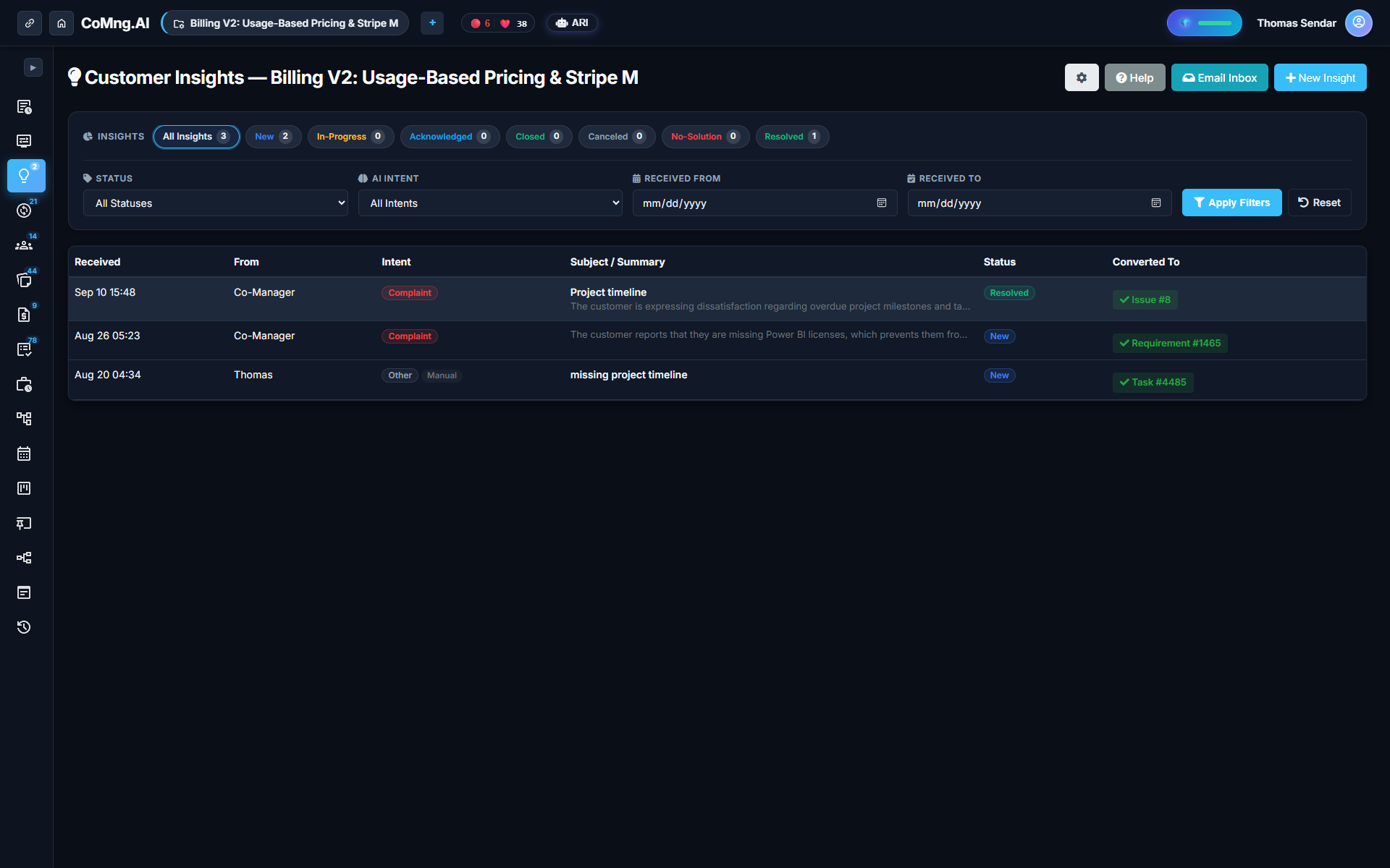 Customer Insights Hub displaying triaged feedback items