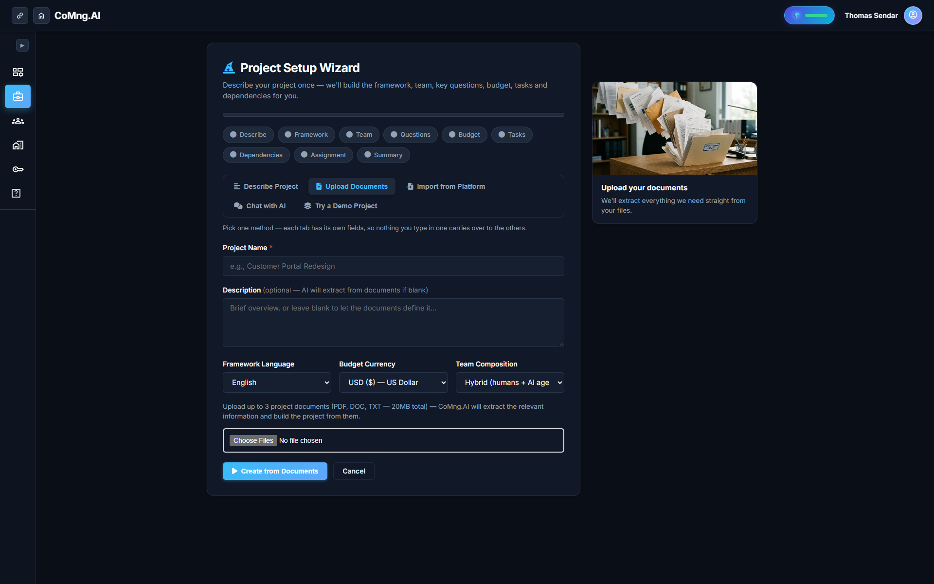 CoMng.AI Project Genesis Engine uploading SOW document