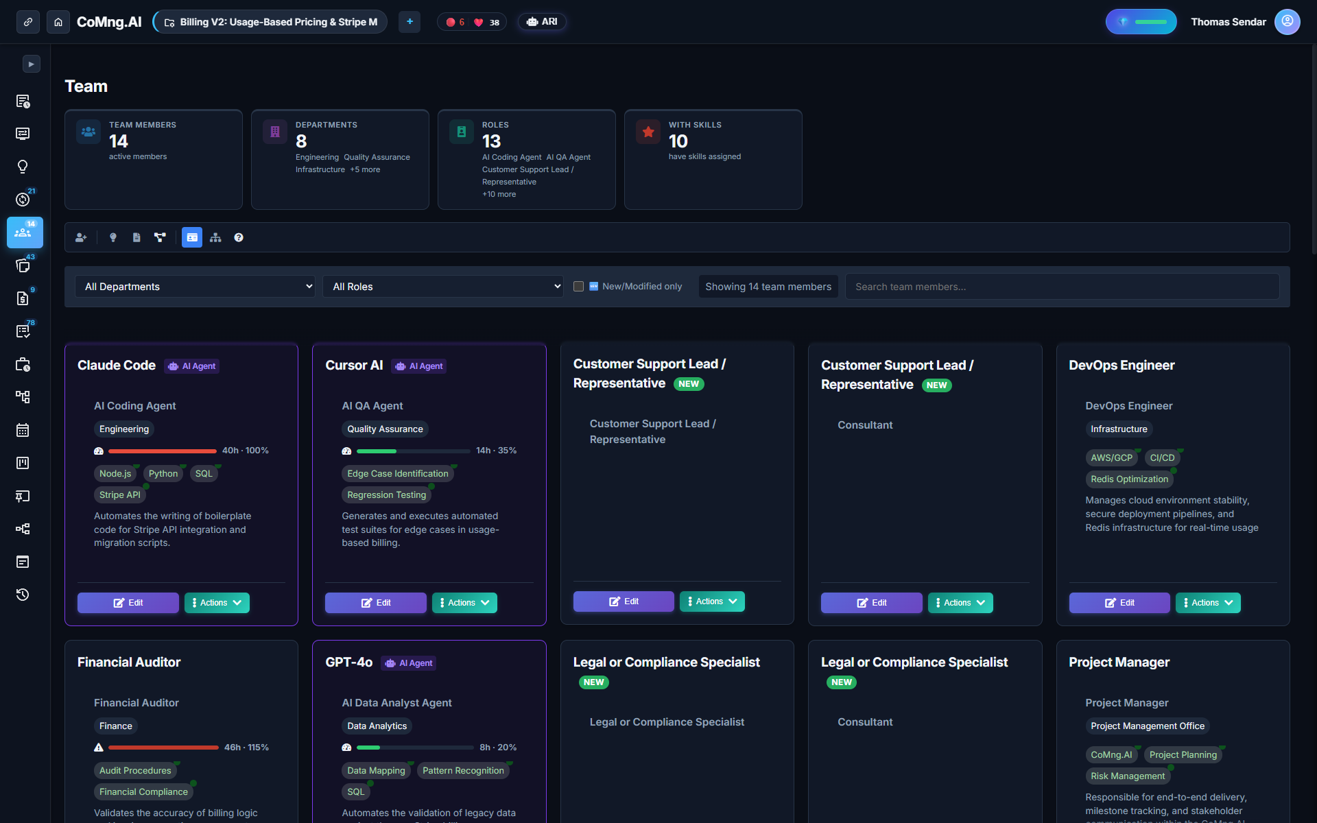 CoMng.AI Hybrid Team Roster displaying humans and AI coding agents