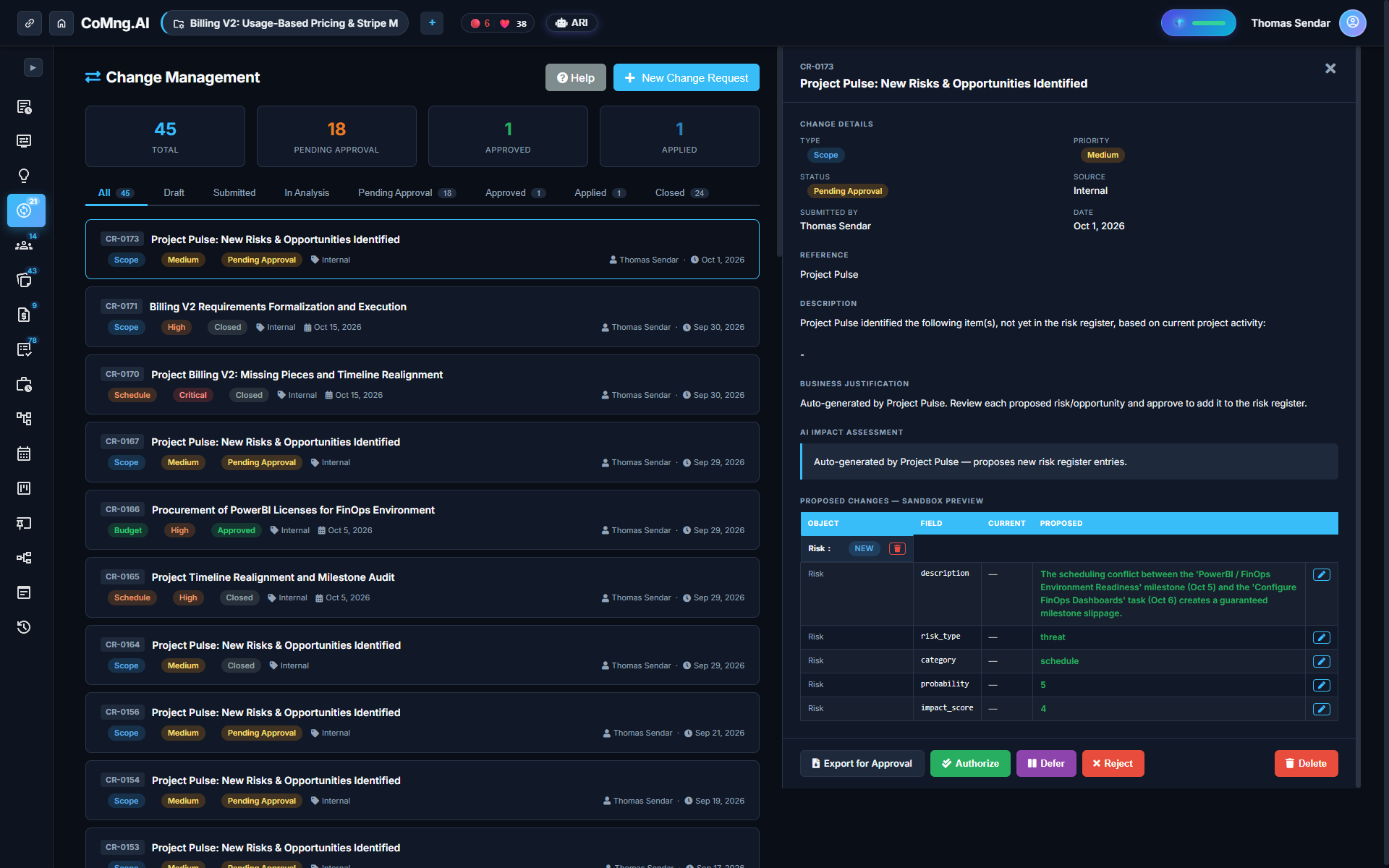 Pulse automatically drafting a change request to remediate a red dimension