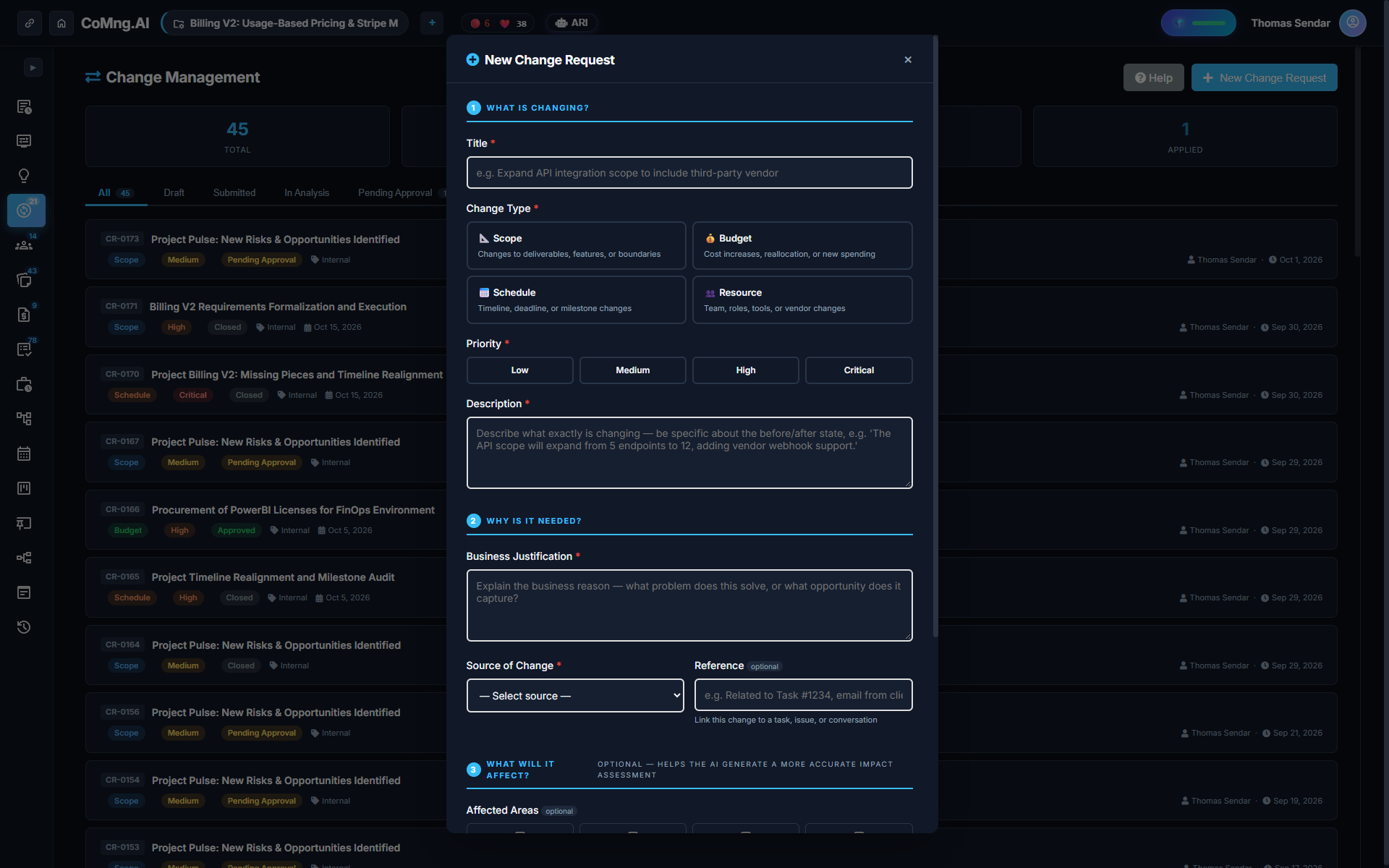 Creating a structured change request in CoMng.AI