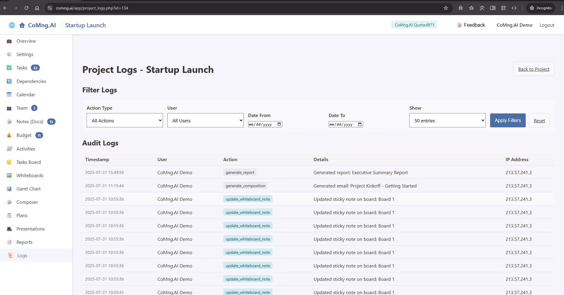 Reviewing Project History with Audit Logs
