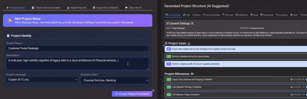 CoMng.AI project creation screen showing a plain-text project description and the AI-generated framework appearing alongside it