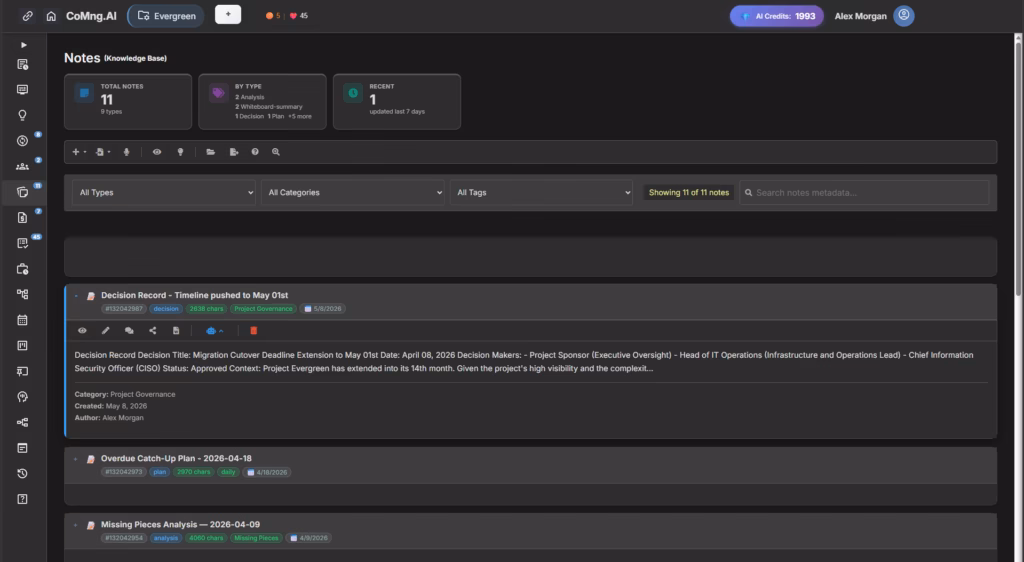 Use CoMng.AI's Knowledge Base to log decisions, approvals, and context that the report engine can pull from - reducing your Step 2 workload over time.
