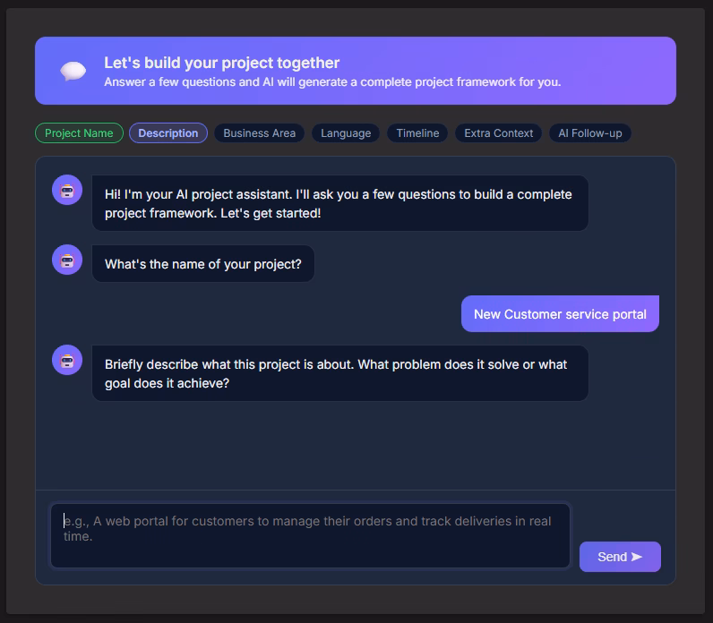 CoMng.AI AI chat interface with a back-and-forth conversation about defining a new project, and the emerging project structure visible alongside it