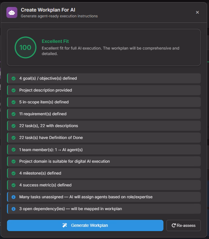 CoMng.AI workplan export modal showing Claude Code, Gemini CLI, and OpenAI Codex as export targets 