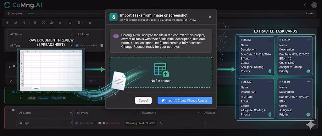CoMng.AI import tasks interface showing Image upload and AI task extraction