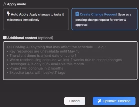 CoMng.AI timeline optimization showing Auto Apply and Create Change Request mode options side by side