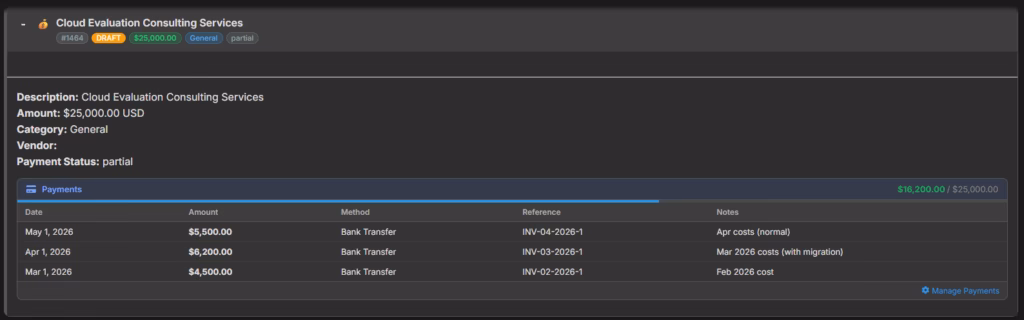 CoMng.AI budget line payment ledger showing multiple partial payment entries with amounts, dates, methods, and reference numbers plus progress bar