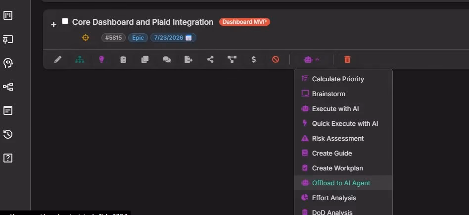 The task AI actions menu — "Offload to AI Agent" is a dedicated action that generates a complete, machine-readable work order for the assigned AI Agent member.