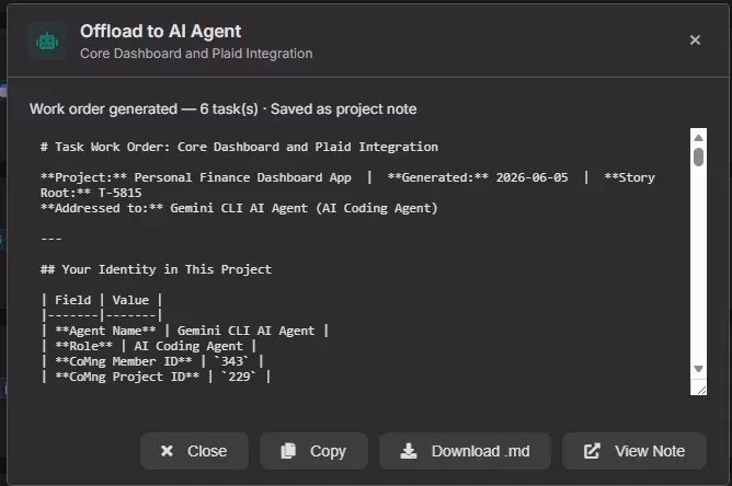 CoMng.AI Offload to AI Agent modal showing generated work order markdown for Core Dashboard and Plaid Integration with 6 tasks saved as project note