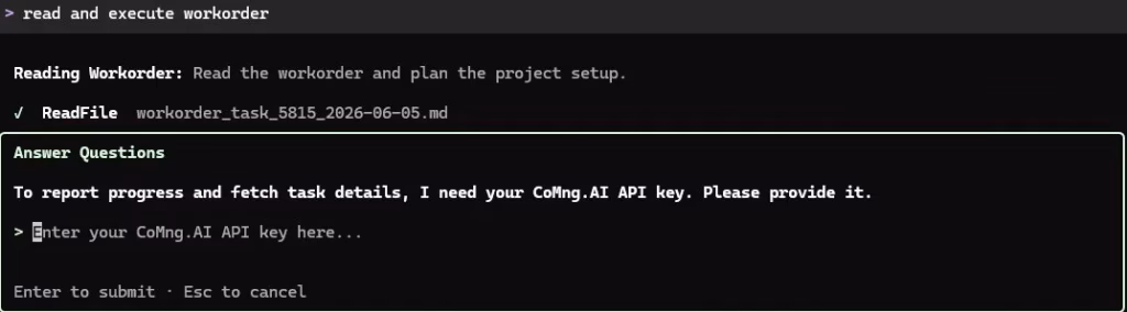Gemini CLI terminal showing Answer Questions prompt asking for CoMng.AI API key to report progress and fetch task details